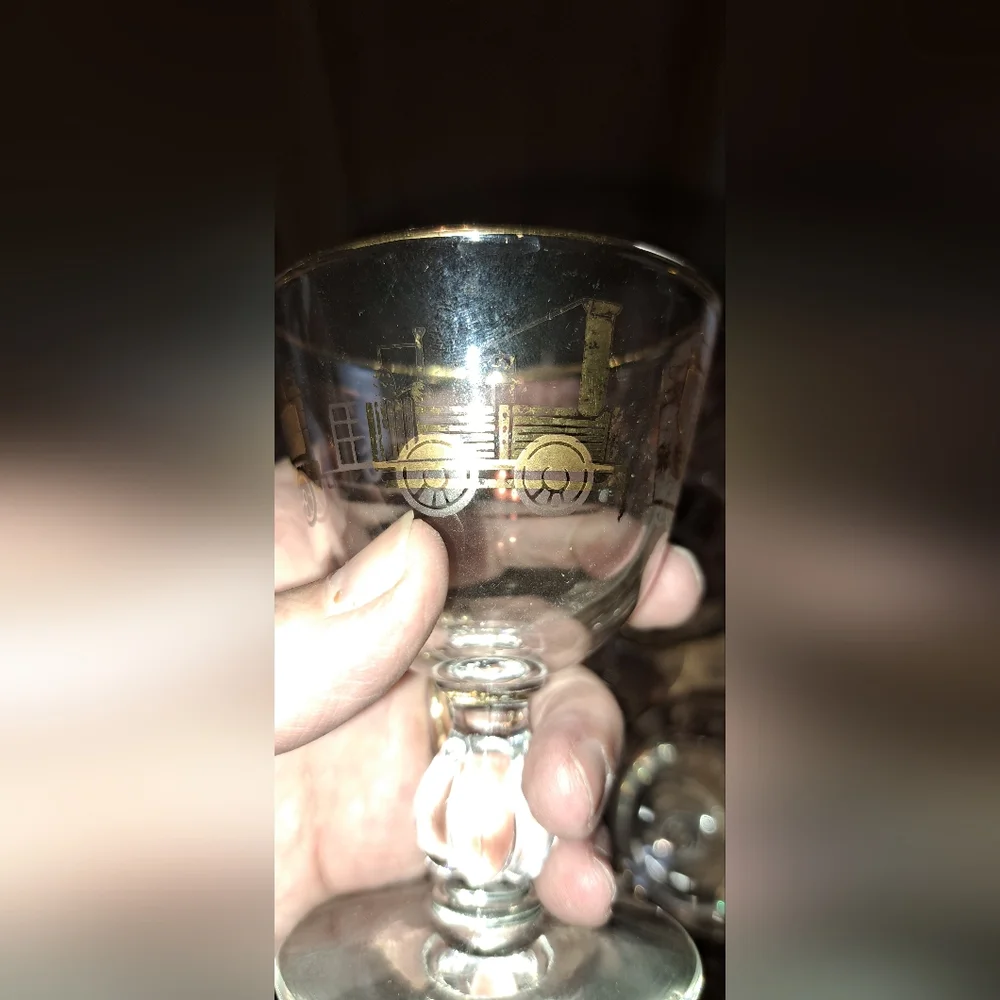 B&O Railroad Steam Engine Train Coal Box Coach Car Gold MCM 6 Wine Glasses